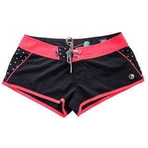 Volcom Hotpants Board Shorts Black Pink Geometric Cinch Fly Size Small Neon 90s